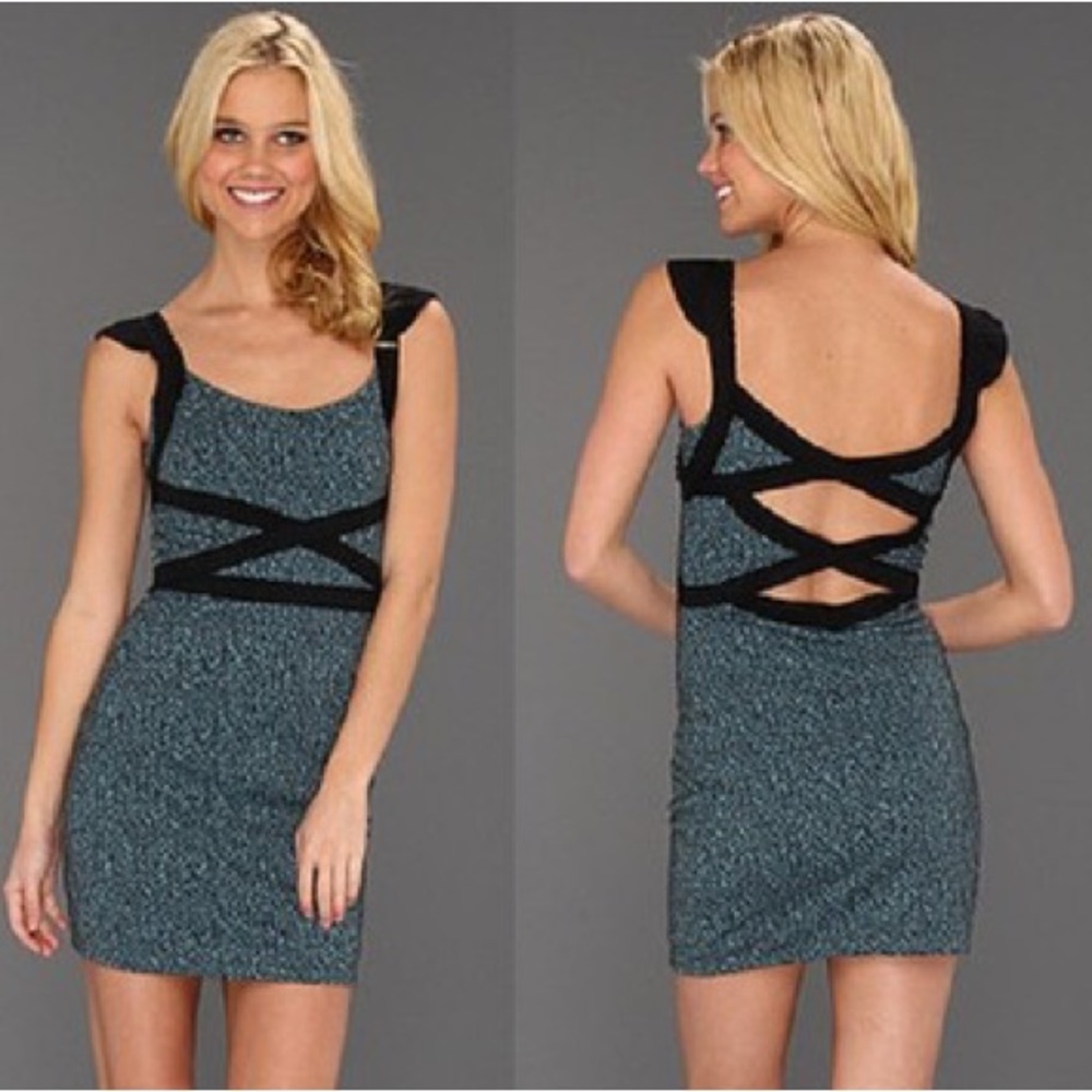 Free People Cross My Heart Pacific Blue Black Mini Bodycon Party Dress Size XS
